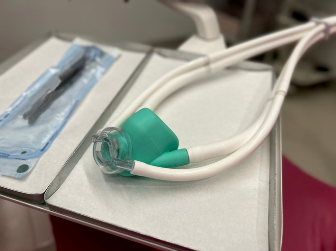 Dental sedation mask and tools used to ease anxiety during dental procedures in Glendale, WI.